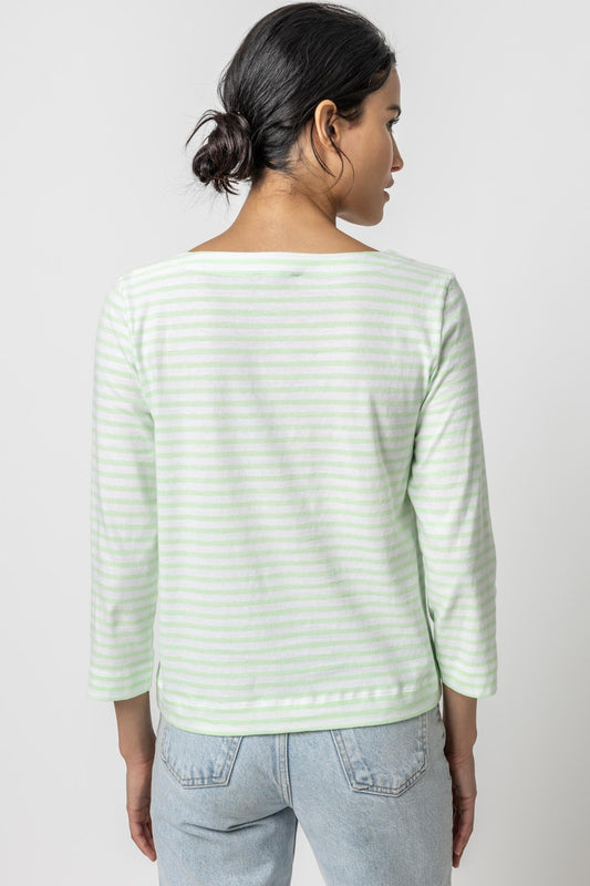 Striped 3/4 Sleeve Boatneck Womens Top Honeydew Stripe A2