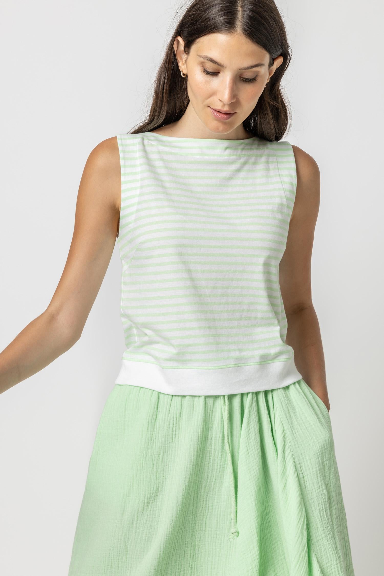 Striped Rib Trim Tank Womens Top Honeydew Stripe A2