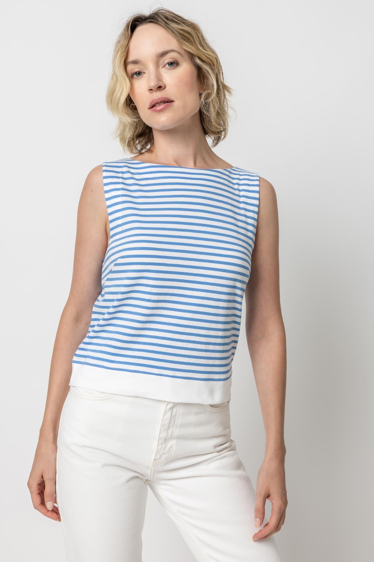 Striped Rib Trim Tank Womens Top Marina Stripe A1