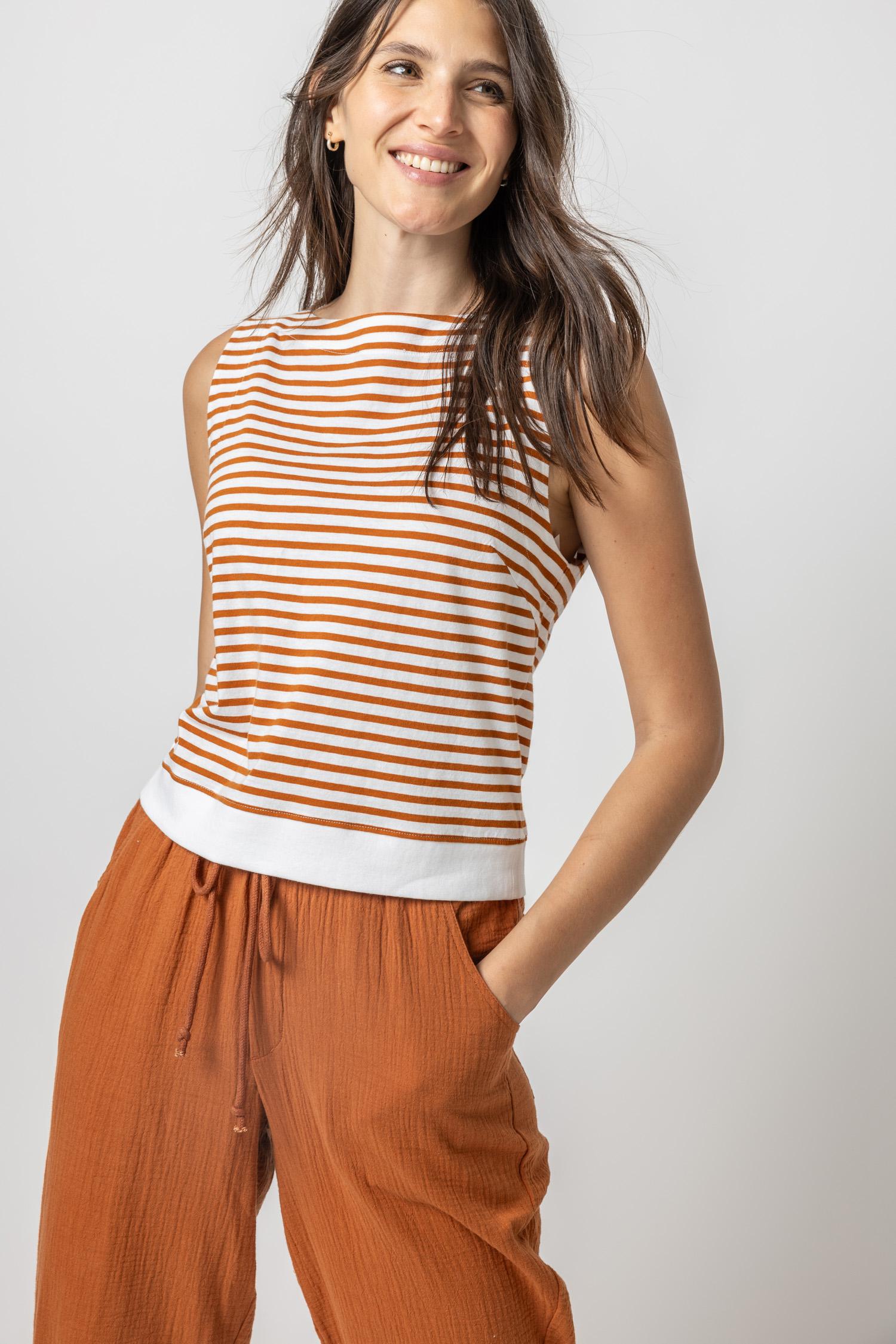 Striped Rib Trim Tank Womens Top Sienna Stripe A1