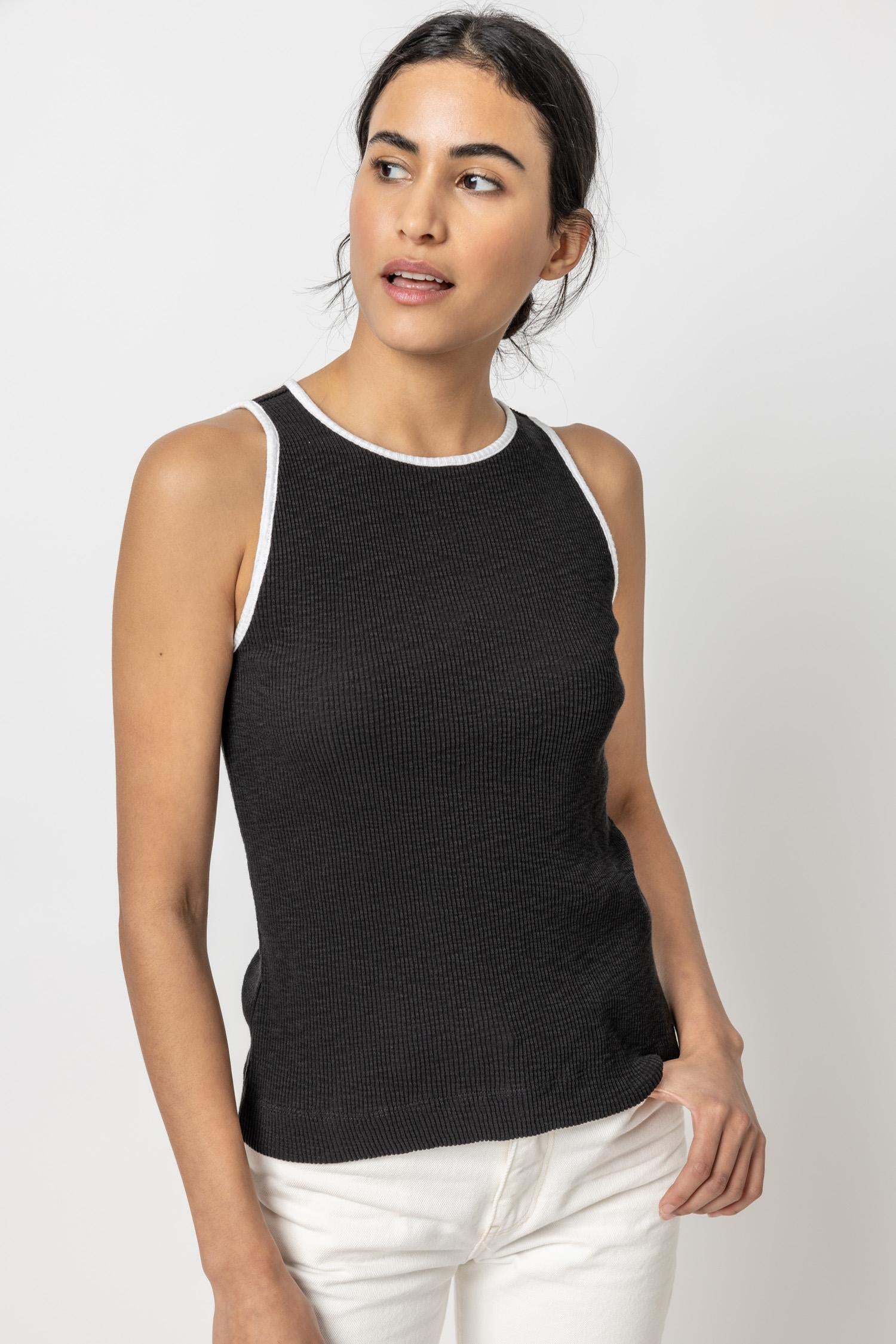 Contrast Binding Crewneck Tank Womens Top Black A1