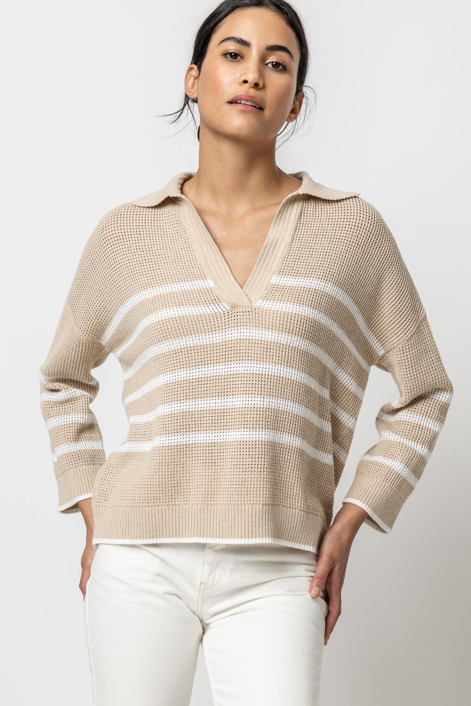 Textured Stripe Polo Sweater Womens Sweater Husk / White A2