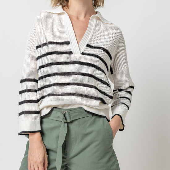 Textured Stripe Polo Sweater Womens Sweater White/Black A2