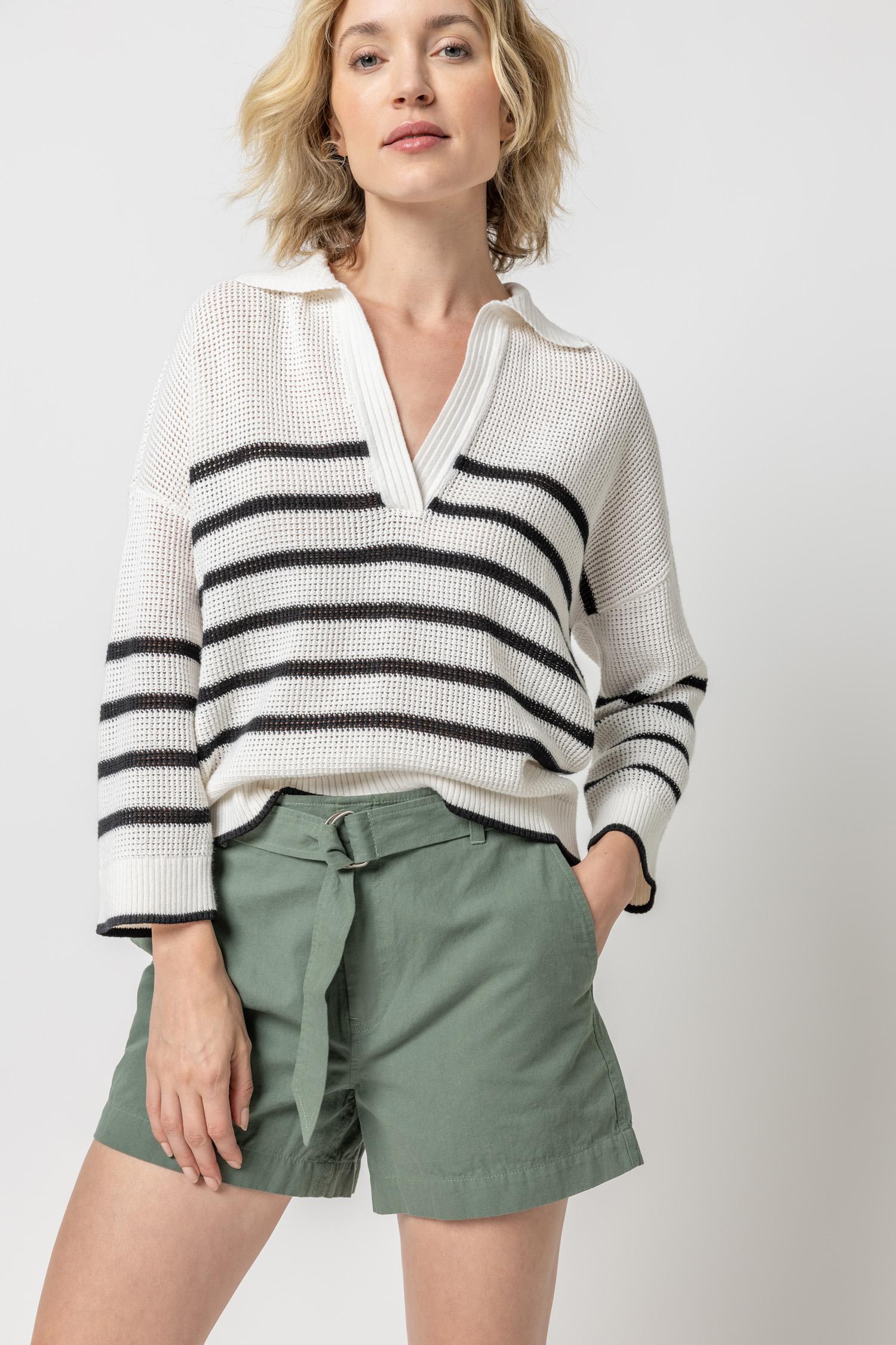 Textured Stripe Polo Sweater Womens Sweater White/Black A2