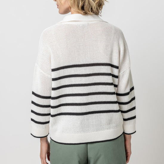 Textured Stripe Polo Sweater Womens Sweater White/Black A3