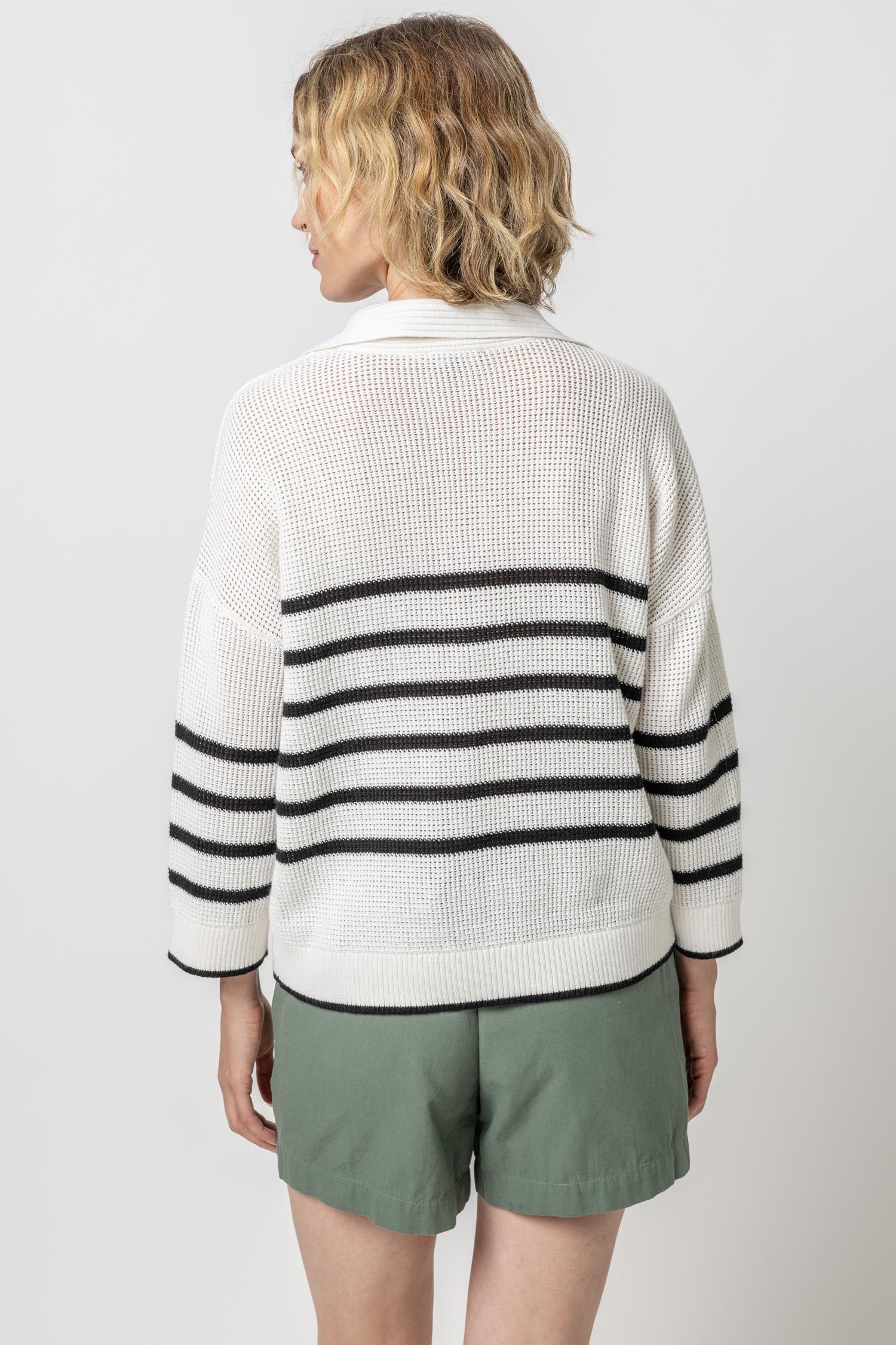 Textured Stripe Polo Sweater Womens Sweater White/Black A3