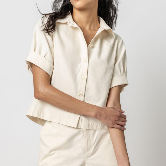 Cuff Sleeve Canvas Shirt Womens Top Ecru A1