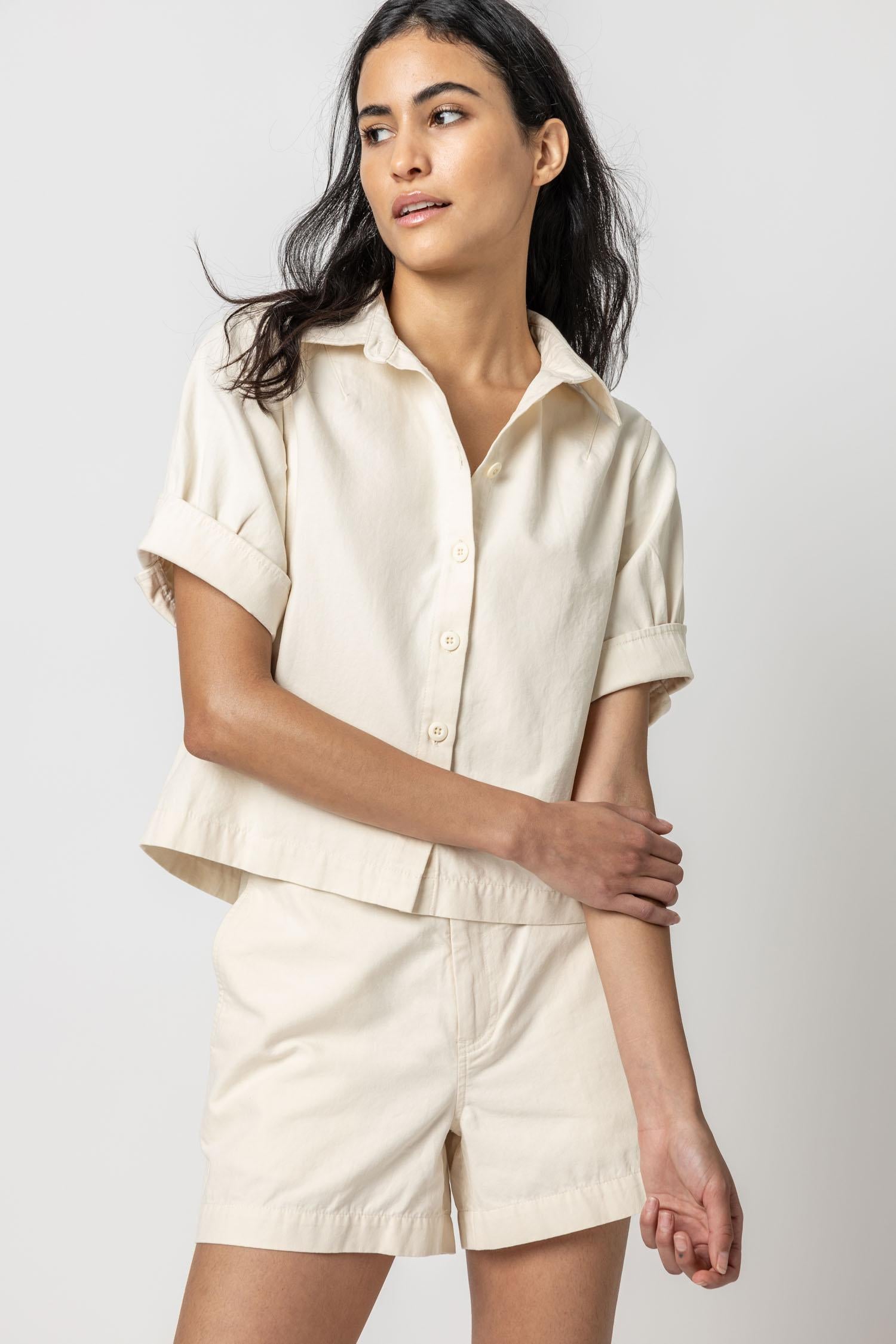 Cuff Sleeve Canvas Shirt Womens Top Ecru A1