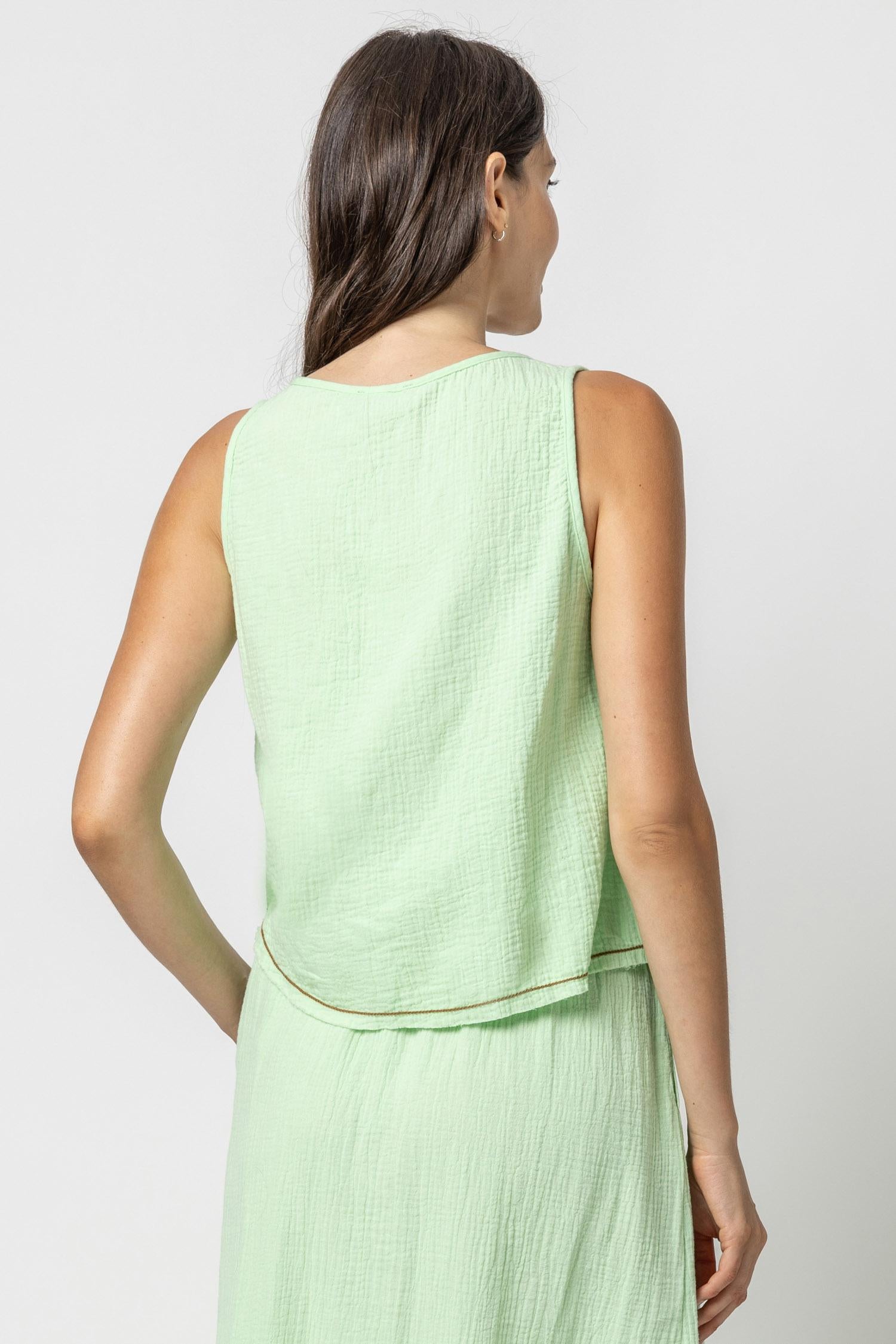 Button Front Gauze Sleeveless Top Womens Top Honeydew A2