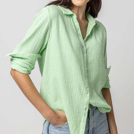 Long Sleeve Gauze Button Down Womens Top Honeydew A1