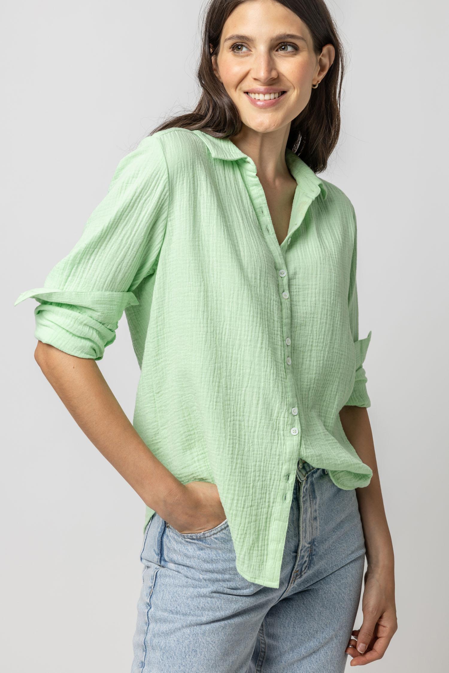 Long Sleeve Gauze Button Down Womens Top Honeydew A1