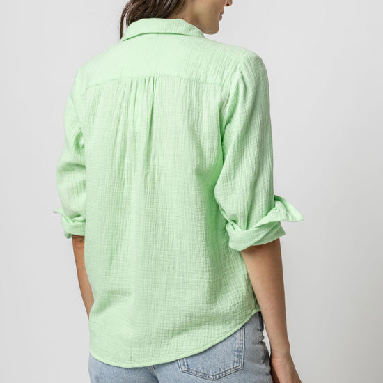 Long Sleeve Gauze Button Down Womens Top Honeydew A2