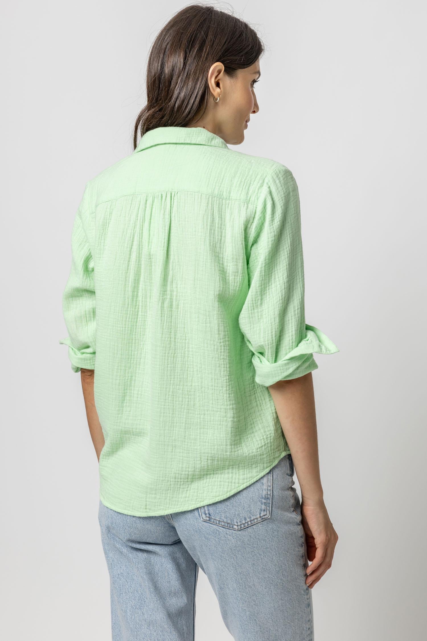 Long Sleeve Gauze Button Down Womens Top Honeydew A2