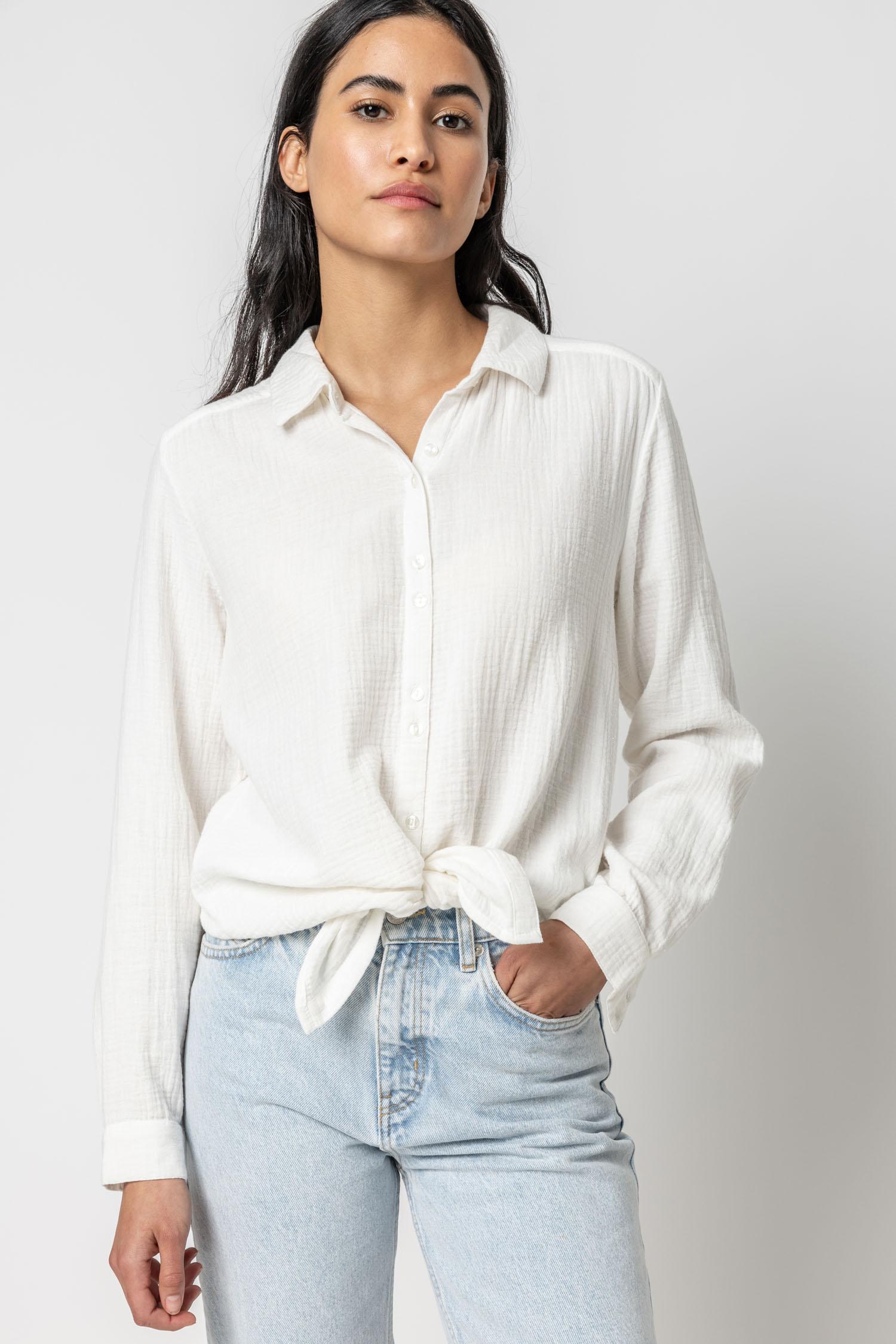 Long Sleeve Gauze Button Down Womens Top White A1