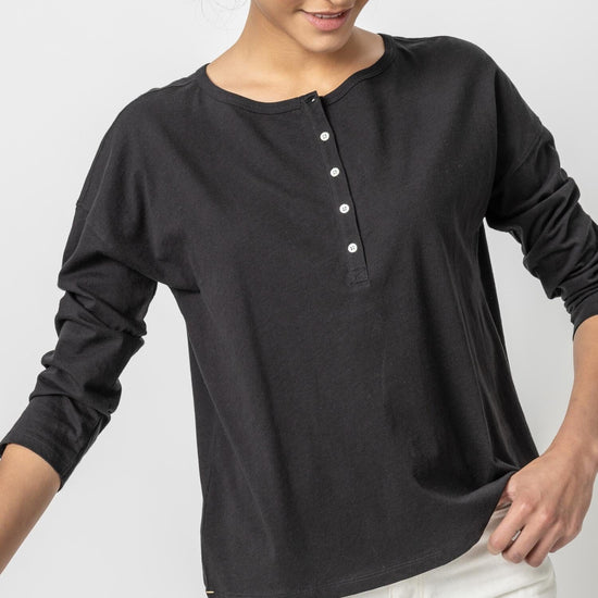 Relaxed Henley Womens Top Black A1