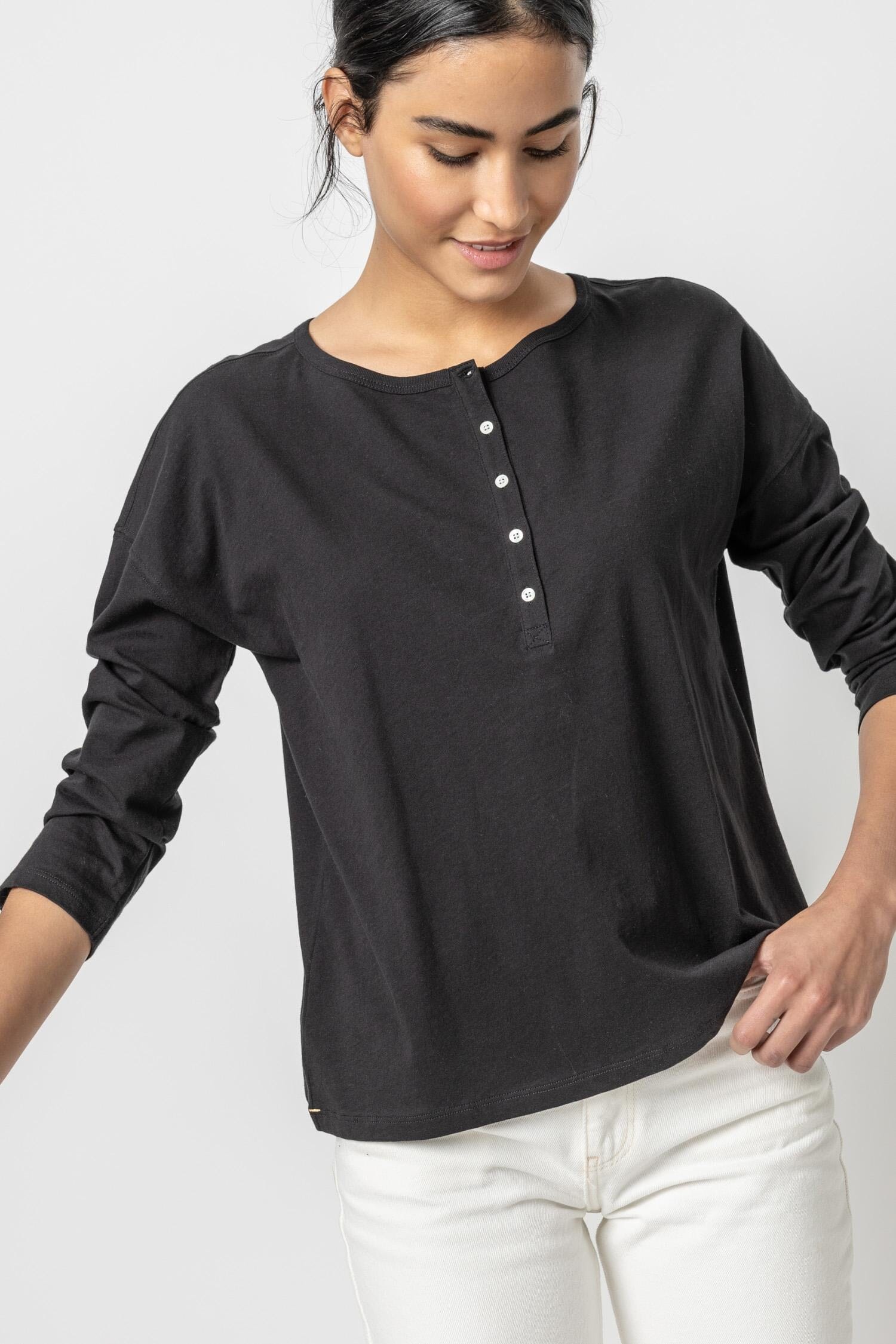 Relaxed Henley Womens Top Black A1