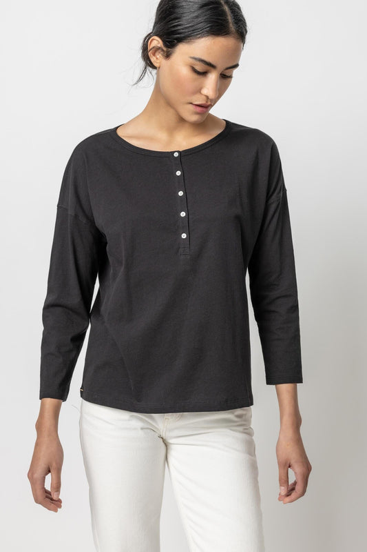 Relaxed Henley Womens Top Black A2