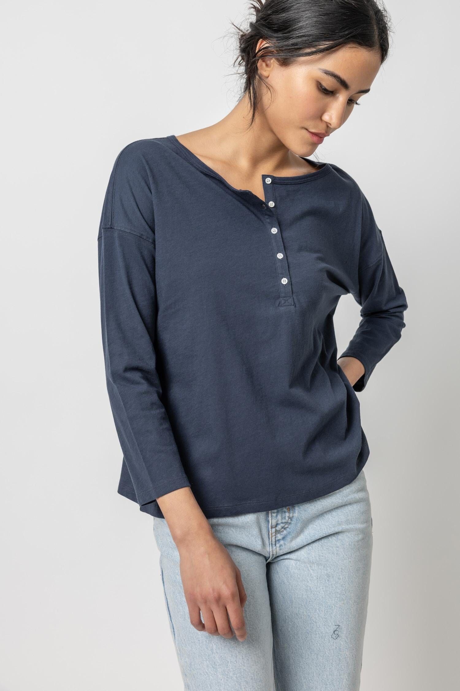 Relaxed Henley Womens Top Navy A1