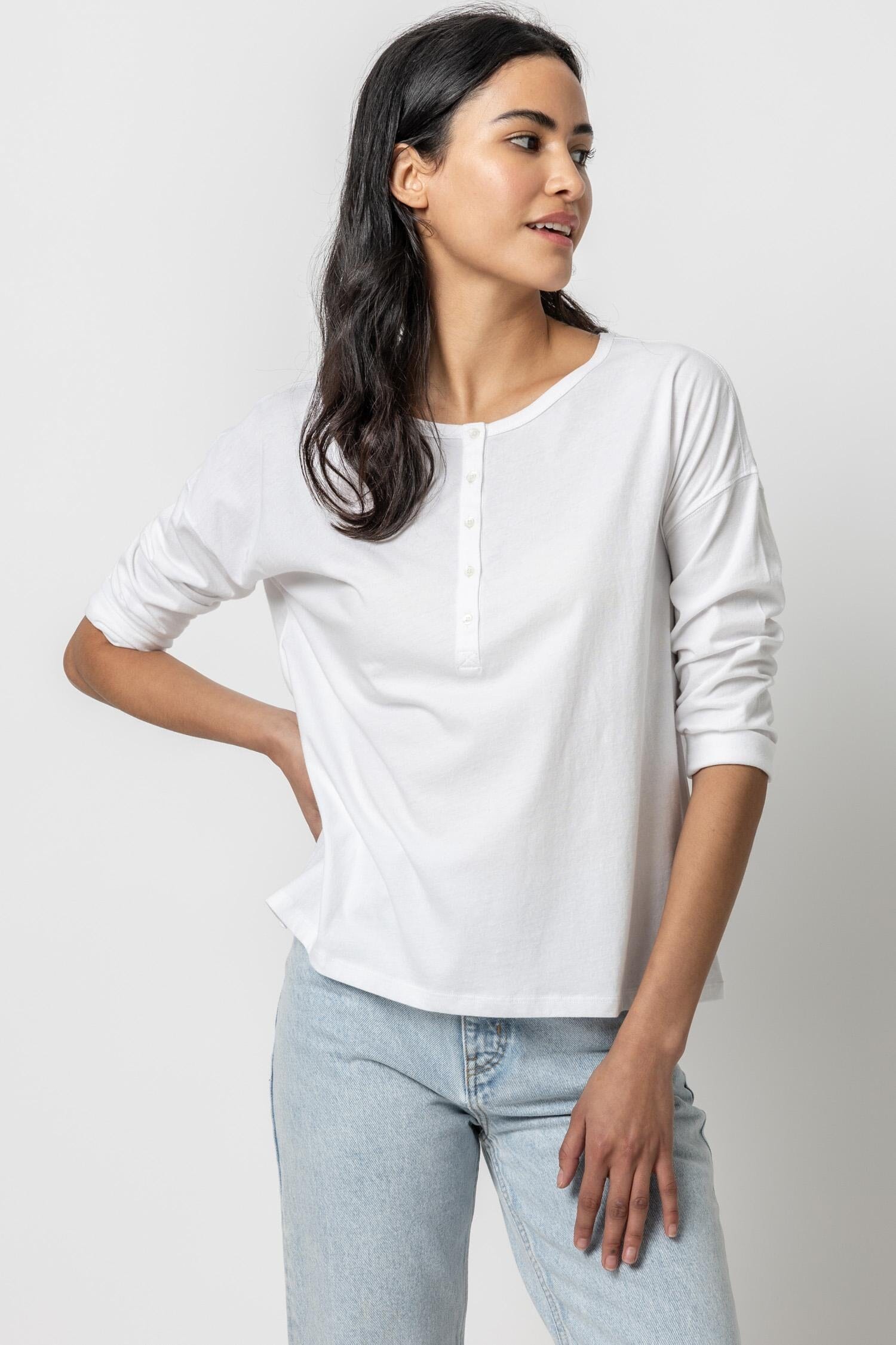 Relaxed Henley Womens Top White A1