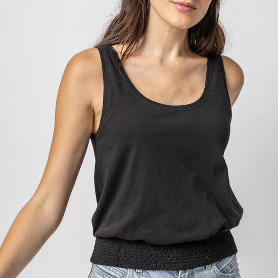 Smocked Hem Tank Womens Top Black A1