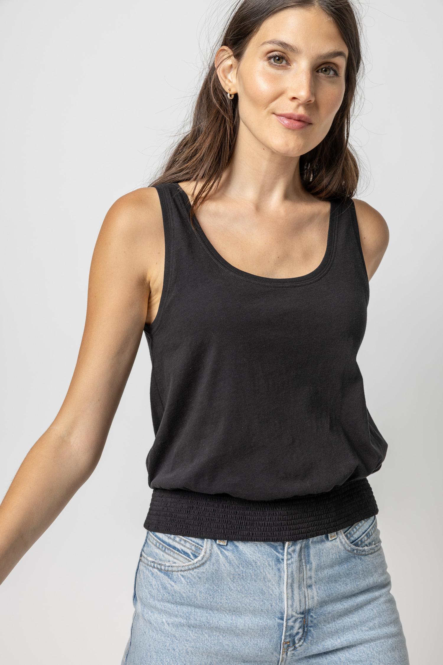 Smocked Hem Tank Womens Top Black A1