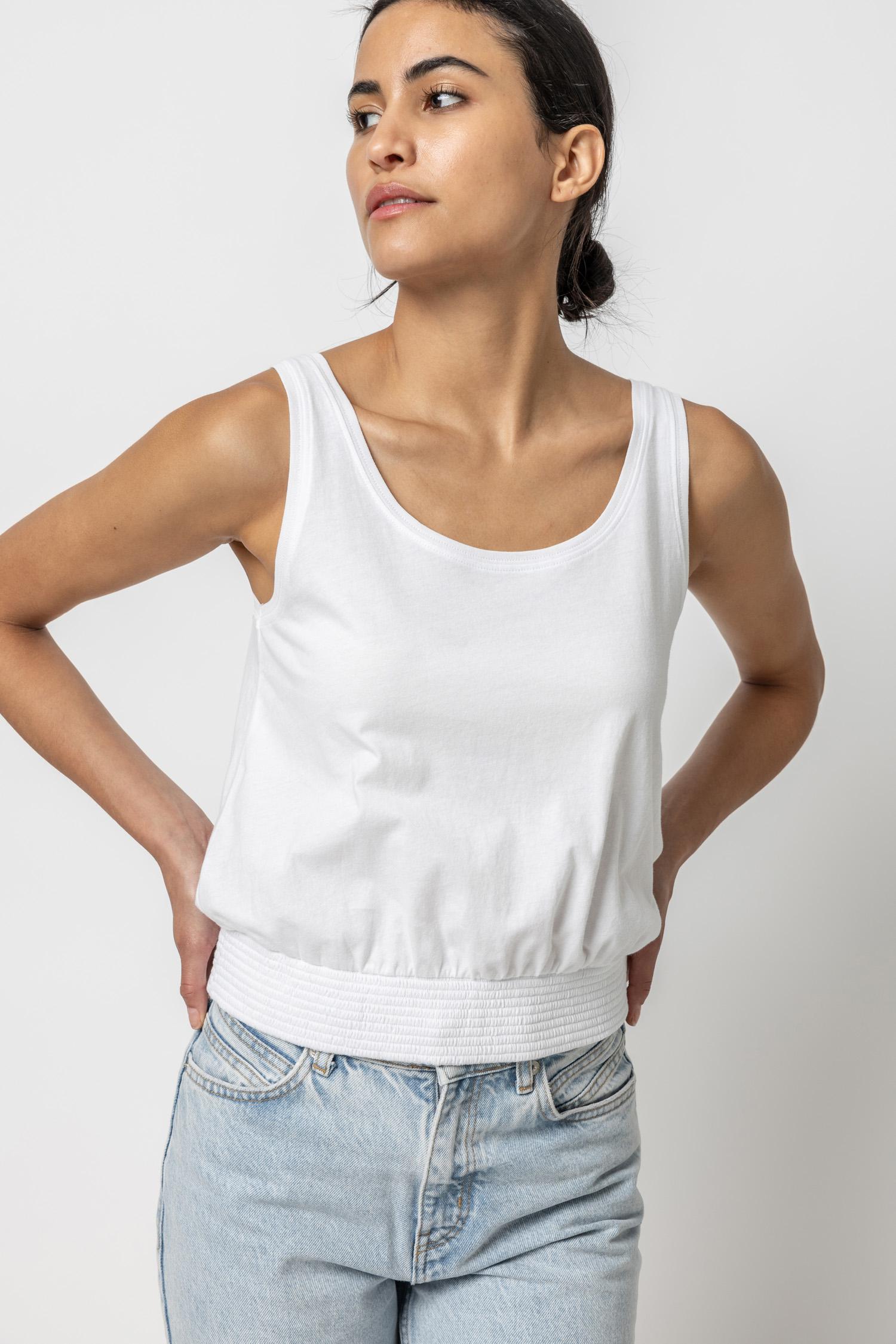 Smocked Hem Tank Womens Top White A1