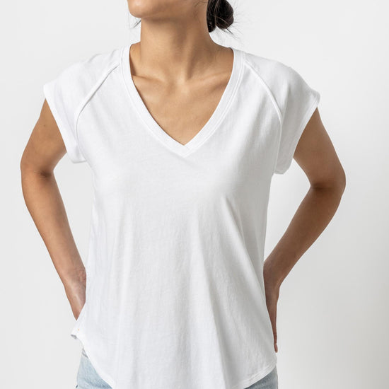 Short Sleeve V-Neck Raglan Womens Top White A1