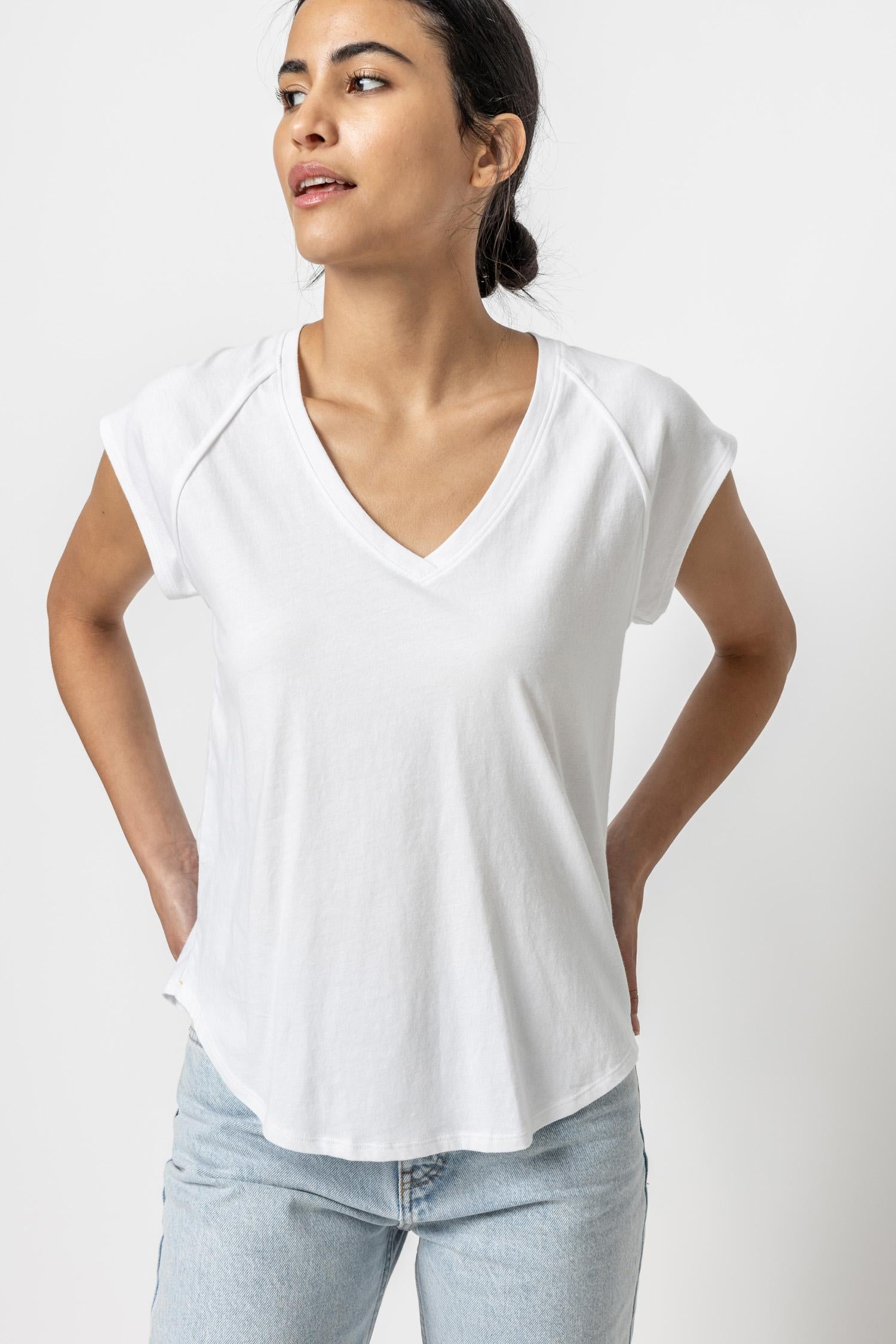 Short Sleeve V-Neck Raglan Womens Top White A1