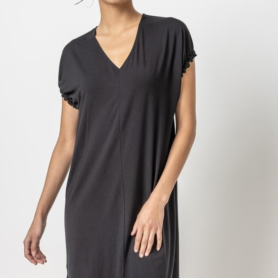 Easy V-Neck Elastic Cuff Dress Womens Dress Black A1