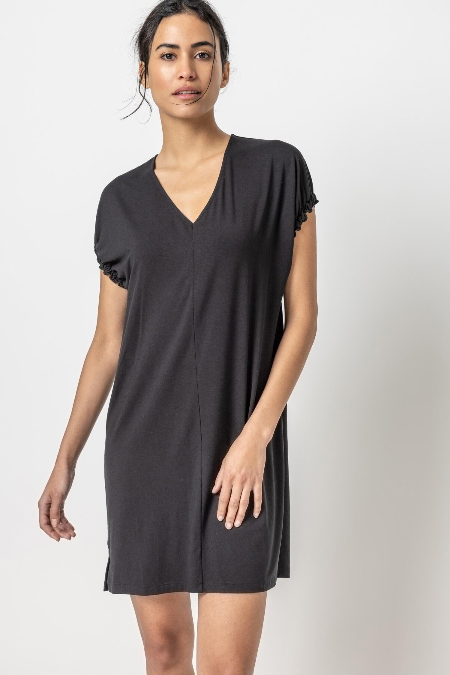 Easy V-Neck Elastic Cuff Dress Womens Dress Black A1