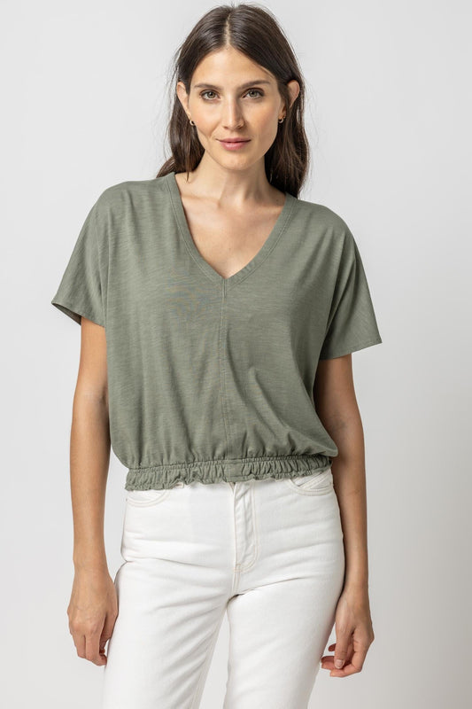 Elastic Hem V-Neck Dolman Womens Top Artichoke A1