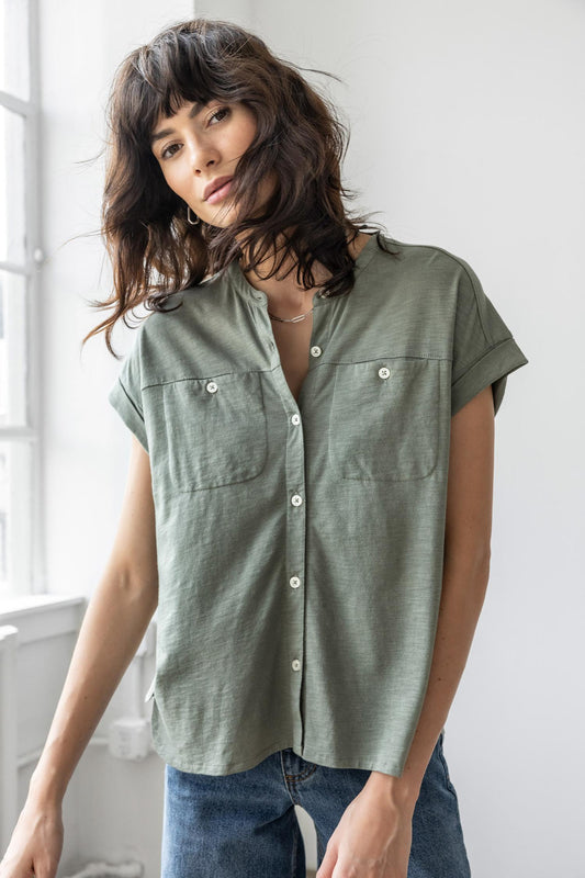 Mandarin Collar Button Down Womens Top Artichoke C1