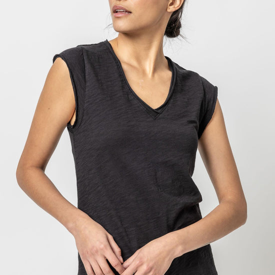 Cap Sleeve V-Neck Womens Top Black A1