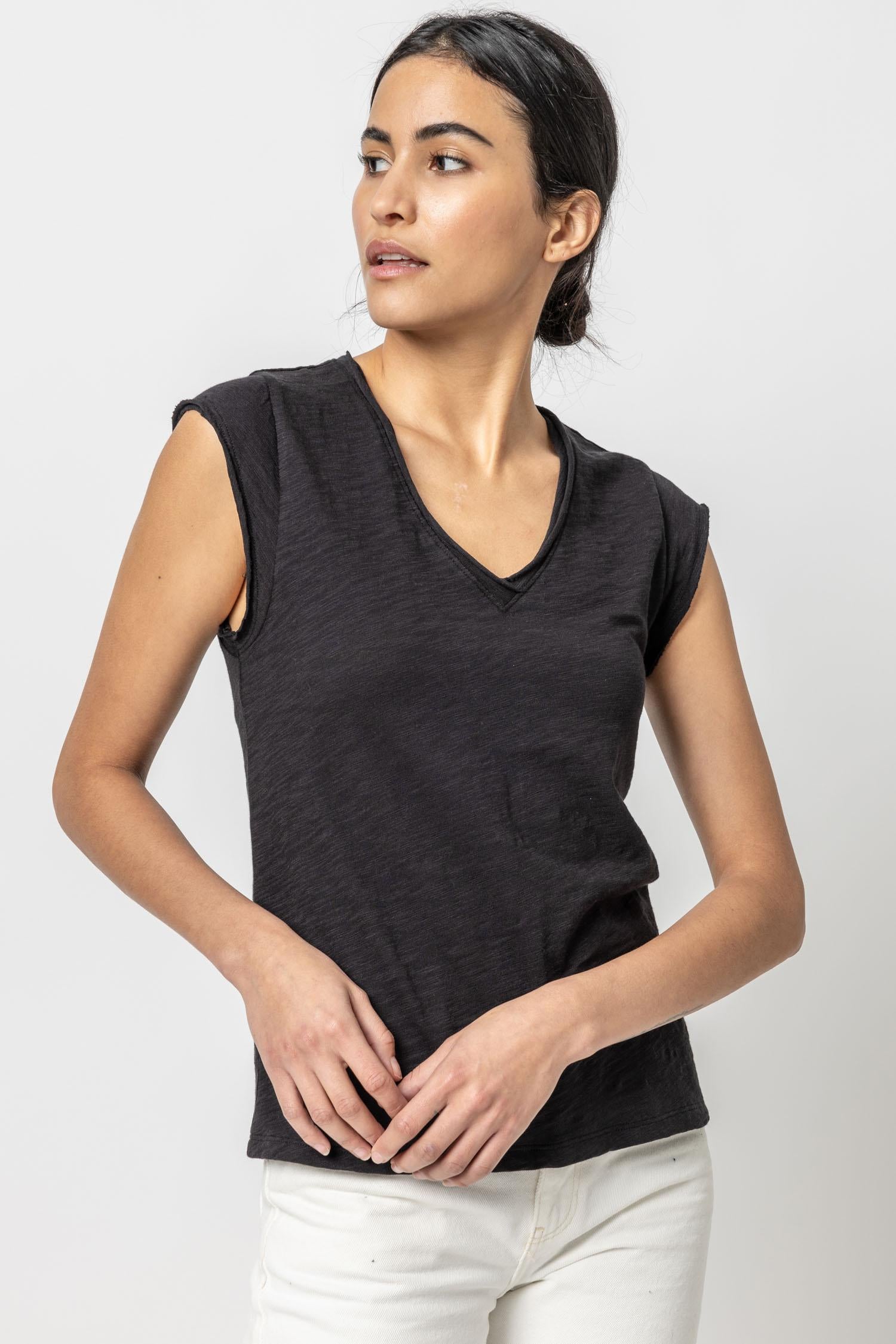 Cap Sleeve V-Neck Womens Top Black A1