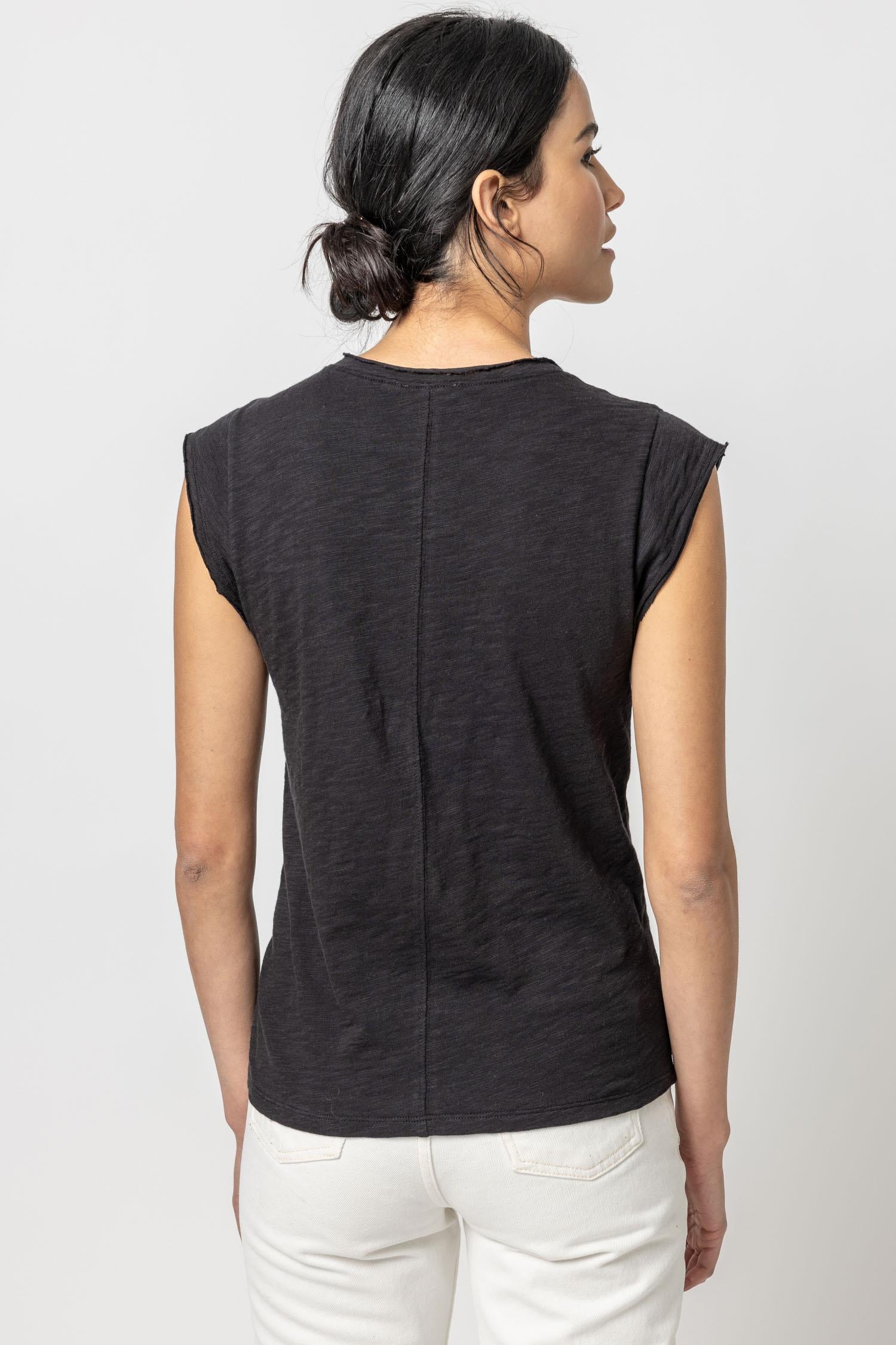 Cap Sleeve V-Neck Womens Top Black A2