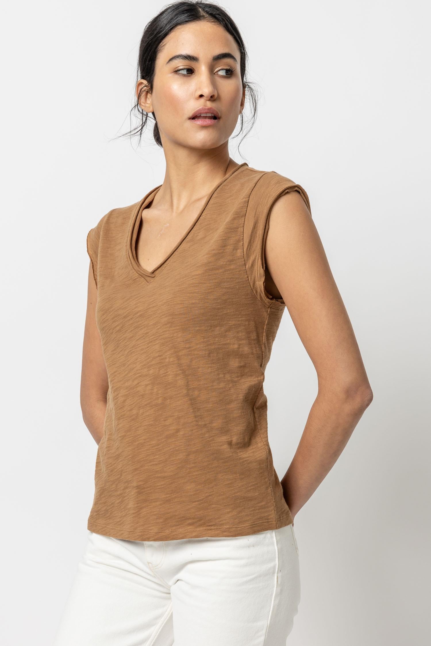 Cap Sleeve V-Neck Womens Top Russet A1