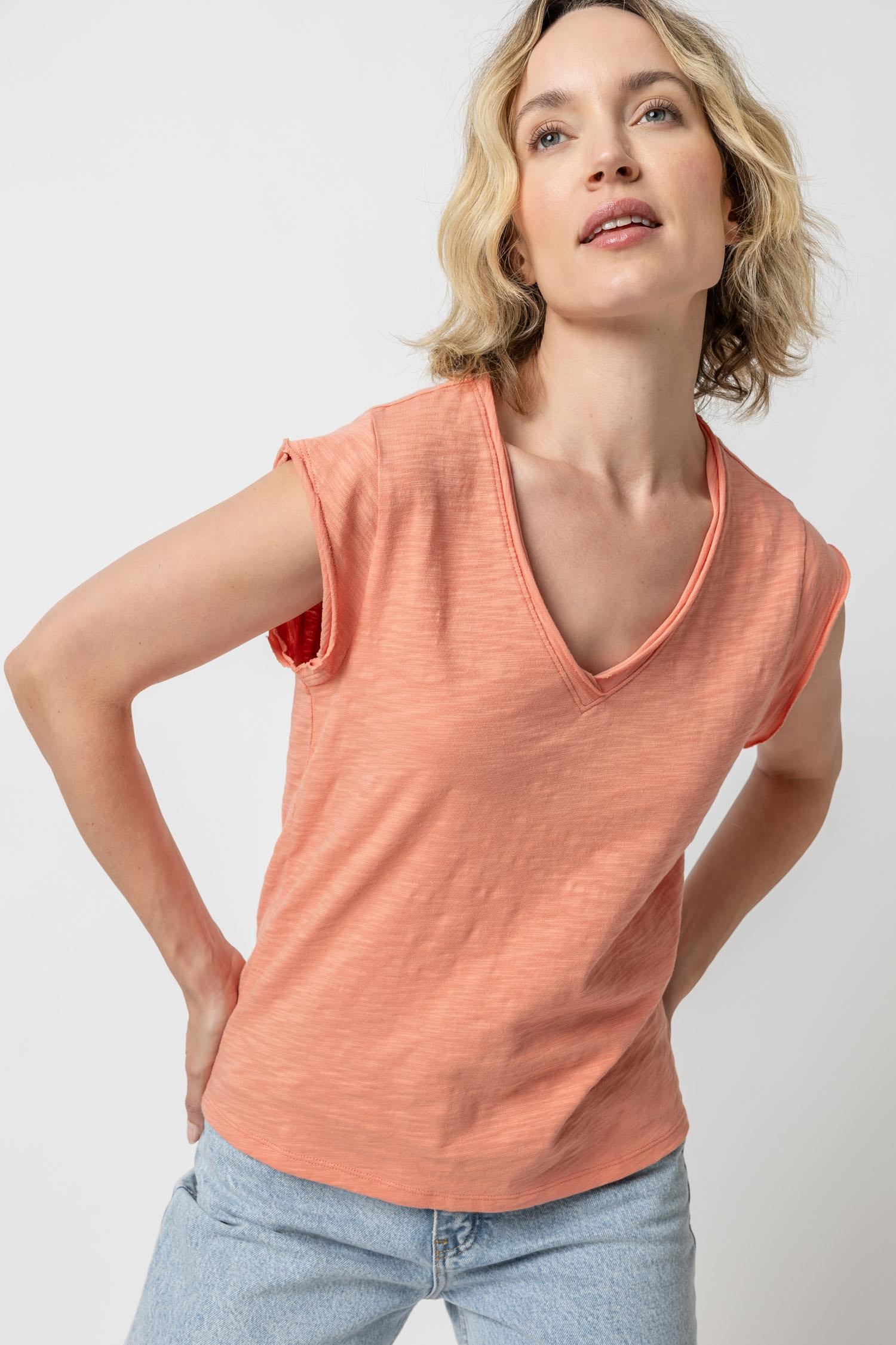 Cap Sleeve V-Neck Womens Top Sunset A1