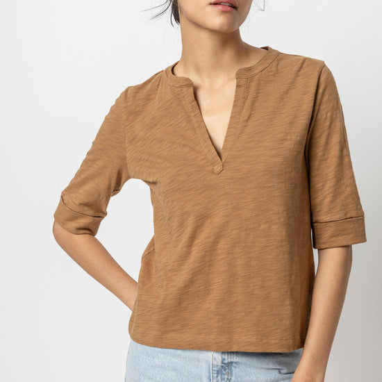 Elbow Sleeve Split Neck Womens Top Russet A1