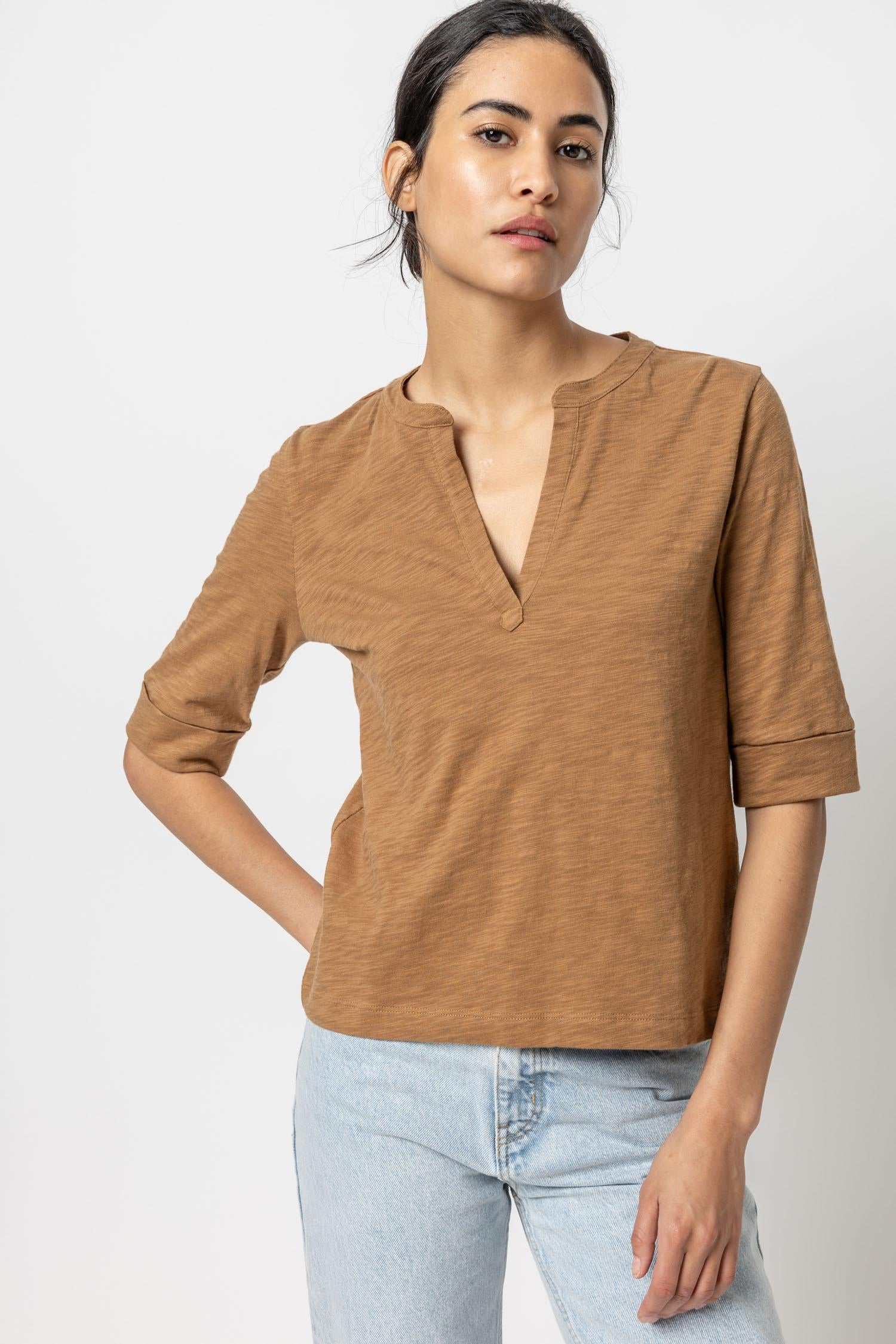 Elbow Sleeve Split Neck Womens Top Russet A1