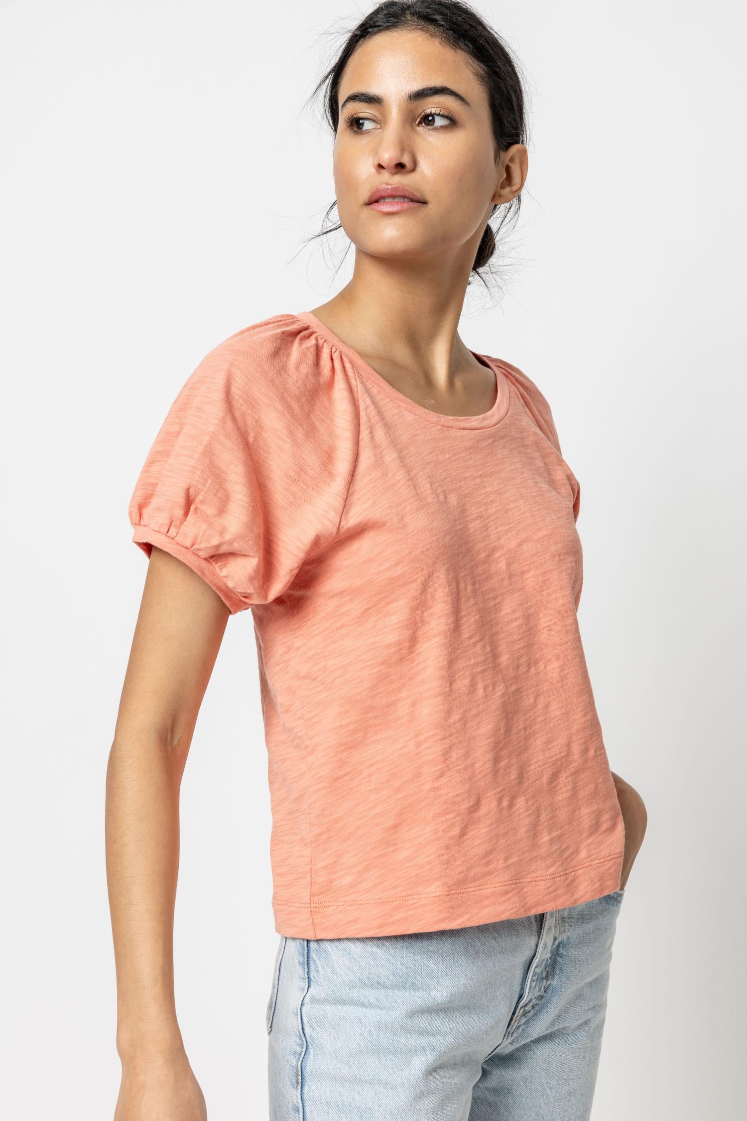 Shirred Sleeve Raglan Tee Womens Top Sunset A1