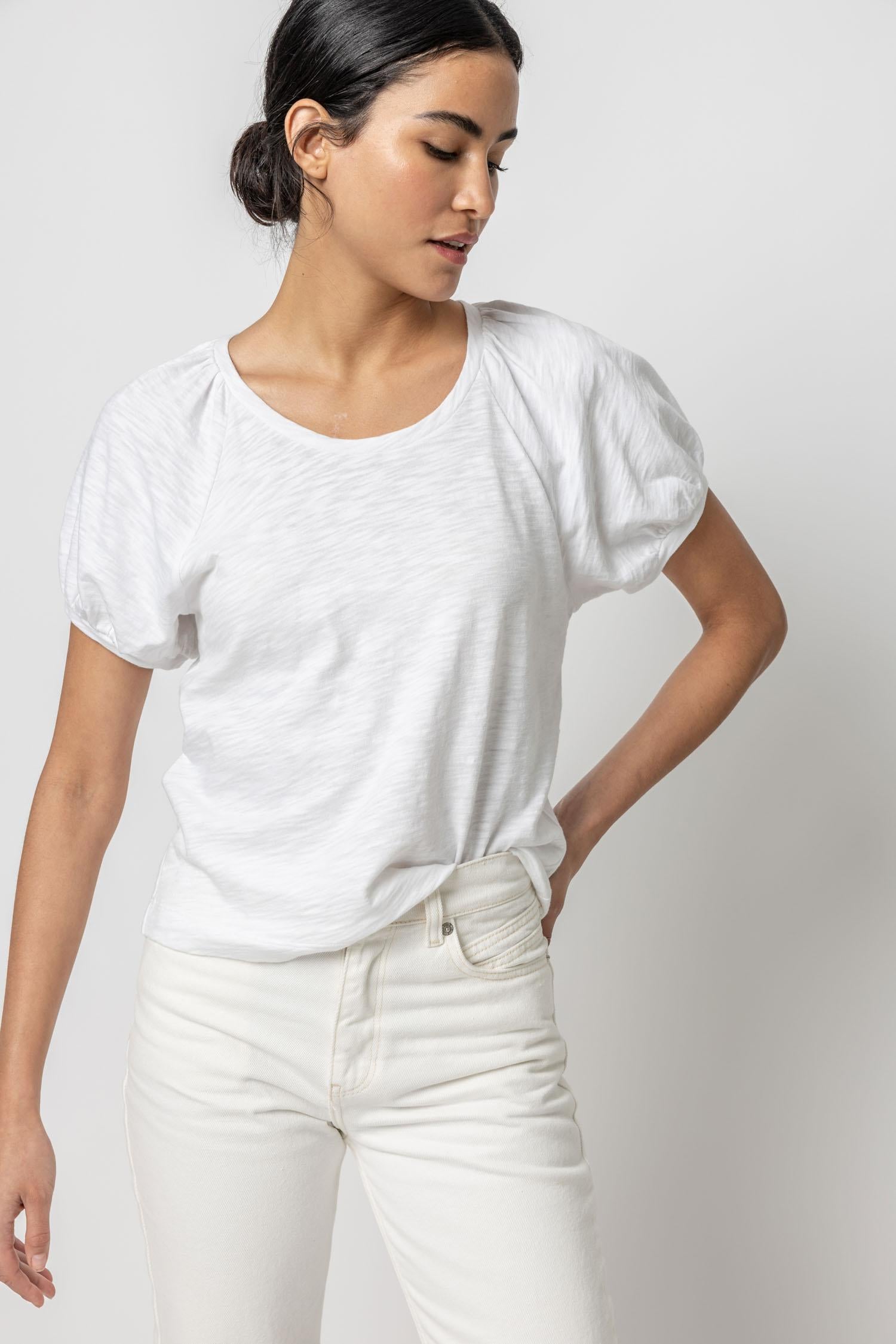 Shirred Sleeve Raglan Tee Womens Top White A1