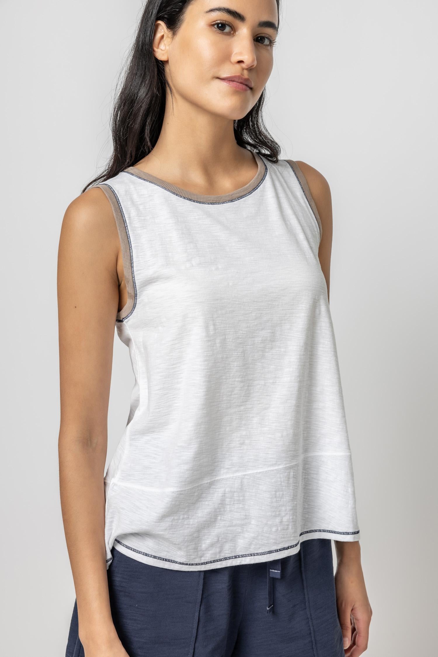 Contrast Color Crewneck Tank Womens Top White A1