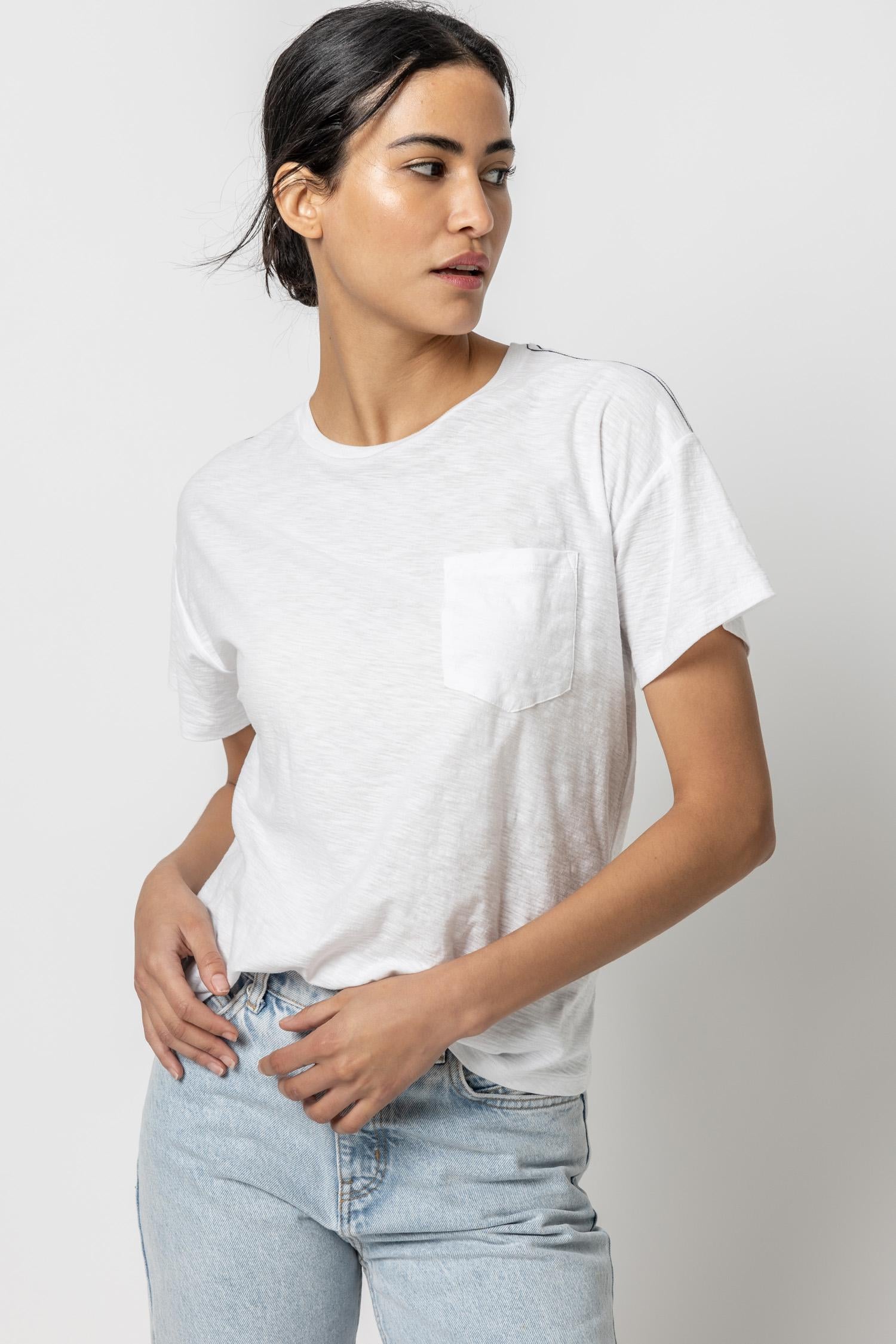 Short Sleeve Pocket Tee Womens Top White A1