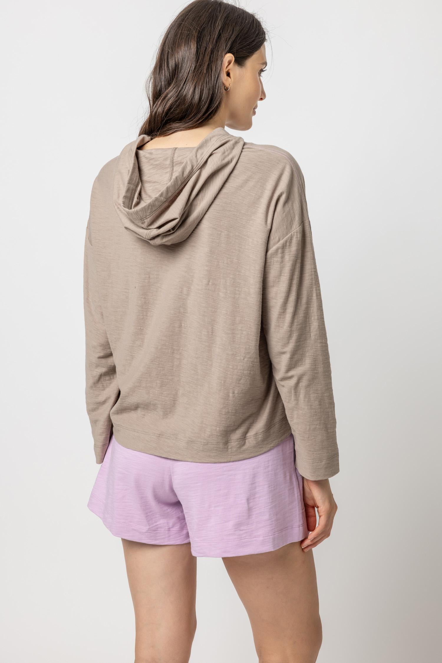 Relaxed 3/4 Sleeve Hoodie Womens Top Driftwood A2