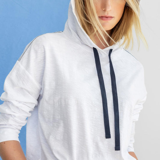 Relaxed 3/4 Sleeve Hoodie Womens Top White C1