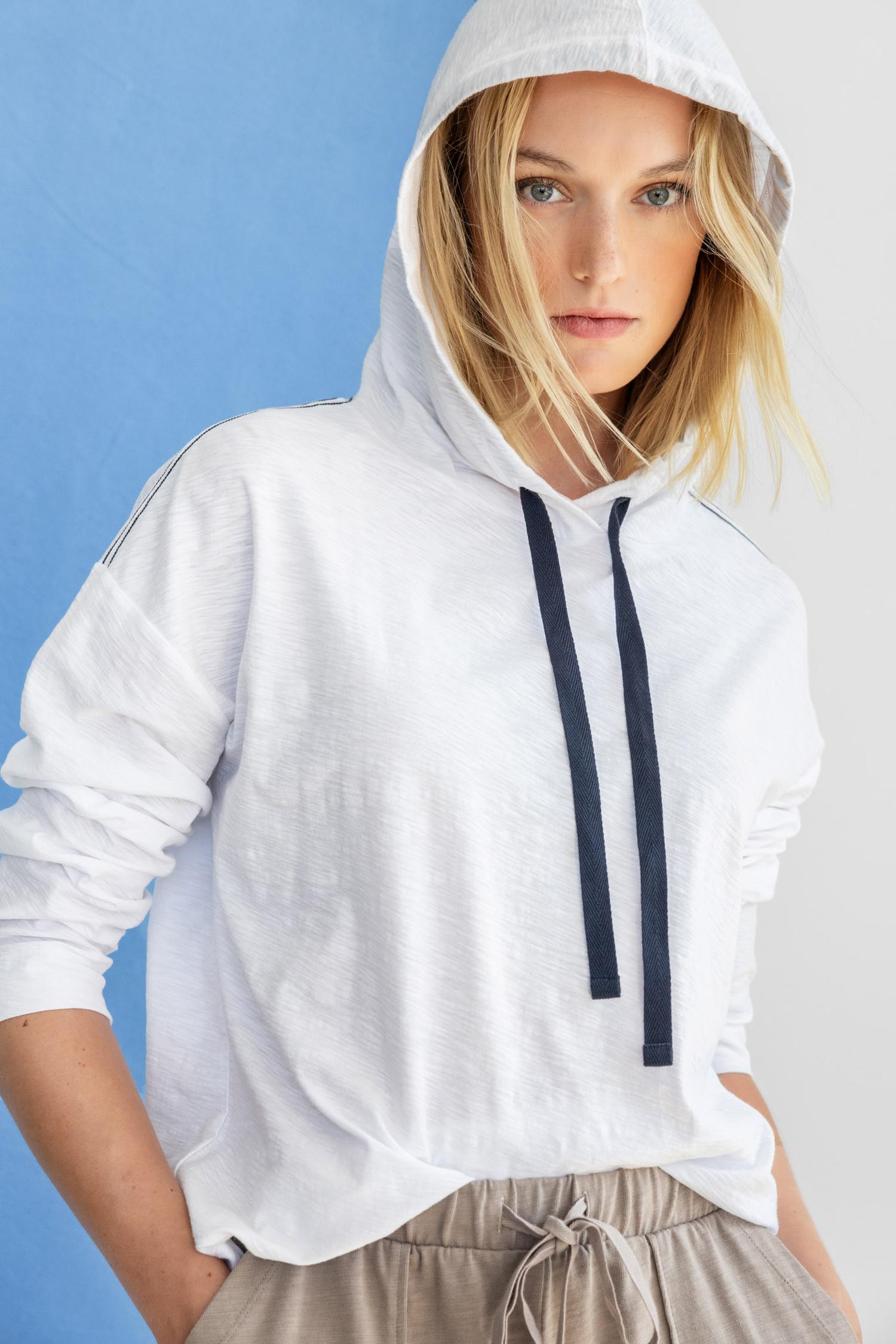 Relaxed 3/4 Sleeve Hoodie Womens Top White C1