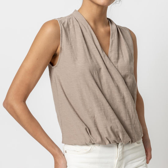 Sleeveless Faux Wrap Womens Top Driftwood A1