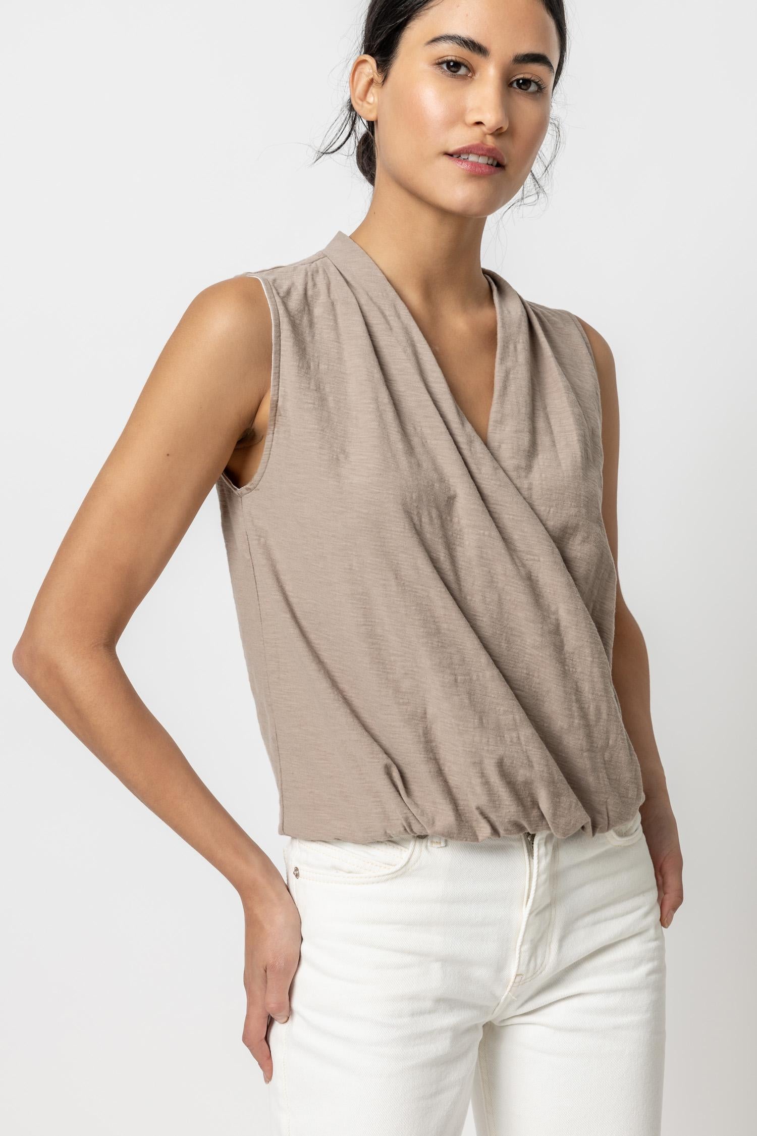 Sleeveless Faux Wrap Womens Top Driftwood A1