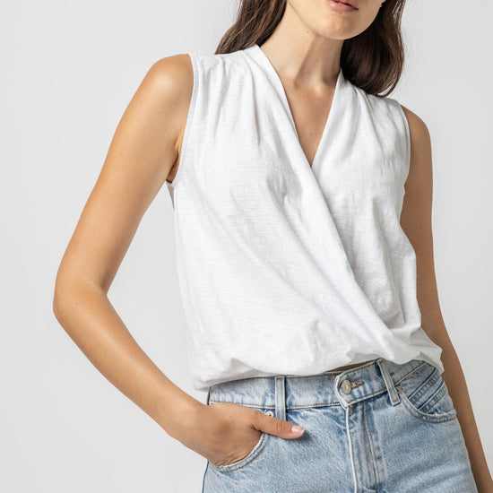 Sleeveless Faux Wrap Womens Top White A1