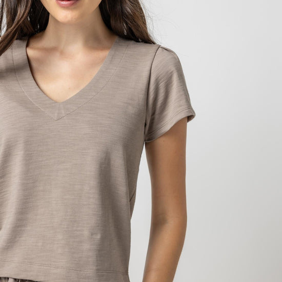 Pleated Cap Sleeve V-Neck Womens Top Driftwood A1